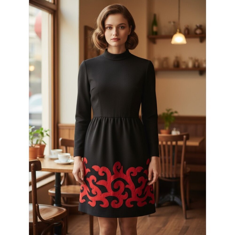 Vintage 60's Carlye Black Wool Dress with Red Appliqué – Women’s Size 8